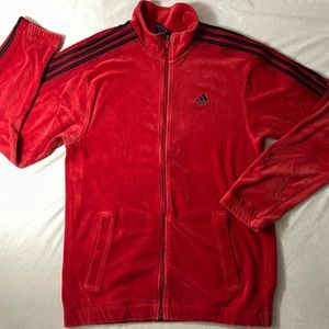 adidas Red Velour Track Jacket with Black Stripes